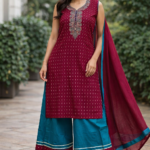 Maroon & Teal Printed Kurti Palazzo Set (3 Pc Set)