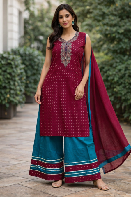 Maroon & Teal Printed Kurti Palazzo Set (3 Pc Set)