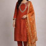 Rust Mirror-Work Kurti Set (Kurti + Pant + Dupatta)