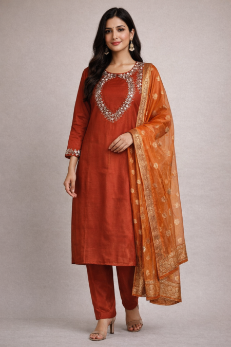 Rust Mirror-Work Kurti Set (Kurti + Pant + Dupatta)