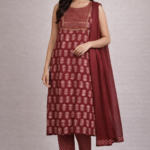Maroon Printed Kurti Set (Kurti + Pant + Dupatta)
