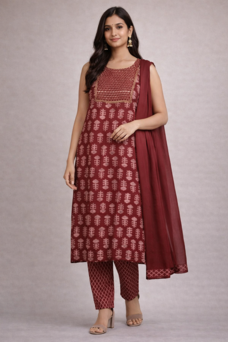 Maroon Printed Kurti Set (Kurti + Pant + Dupatta)