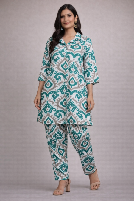 Green & White Ikat-Print co-ord set Set (Shirt + Bottom)